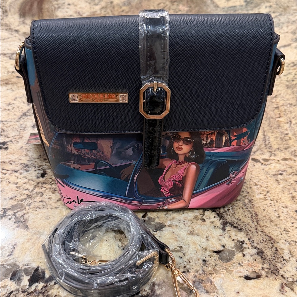 NWT Nicole Lee Black and Multicolor Crossbody Bag